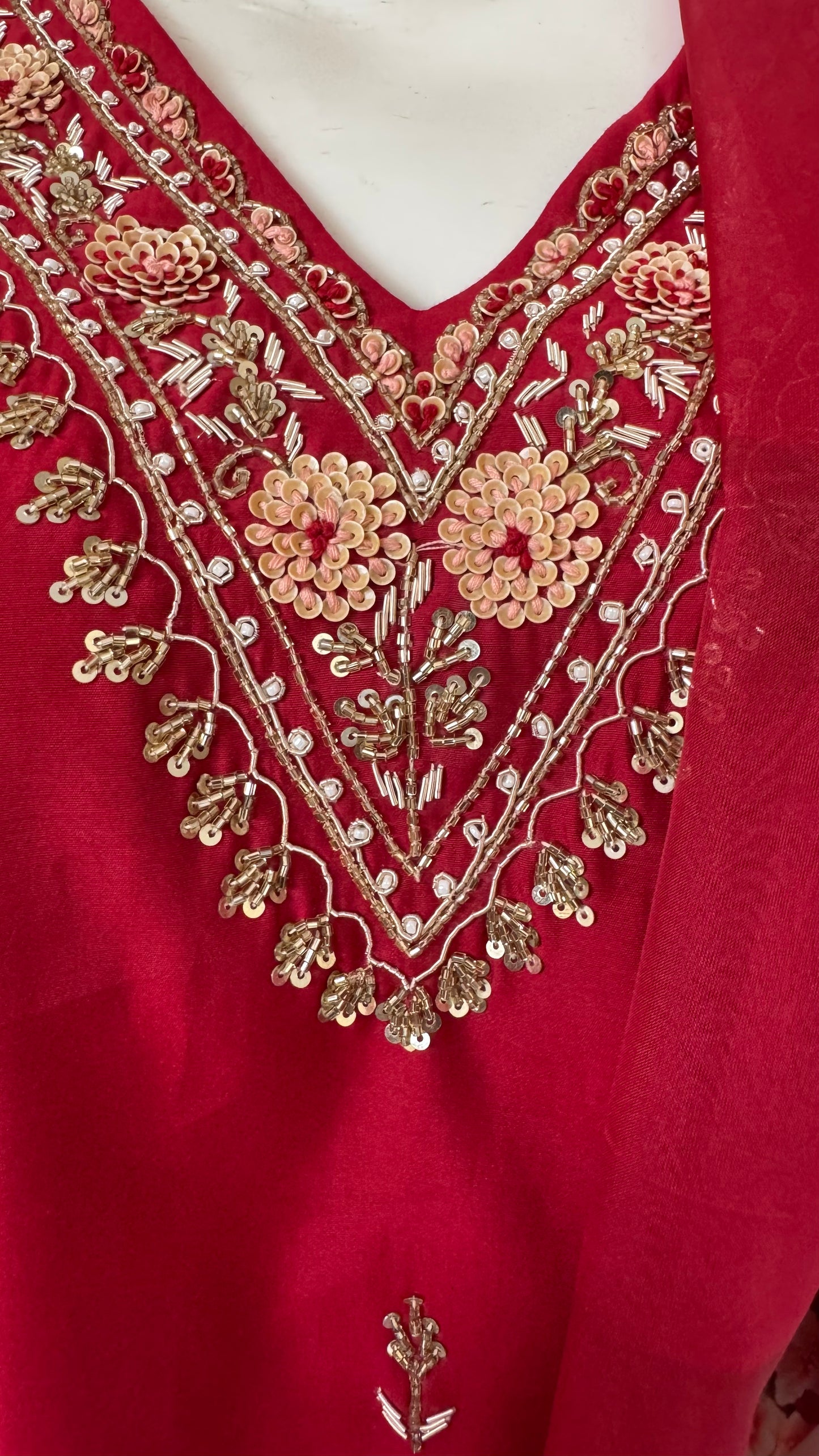 Red Fully Stitched V-Neck Embroidered Suit Set