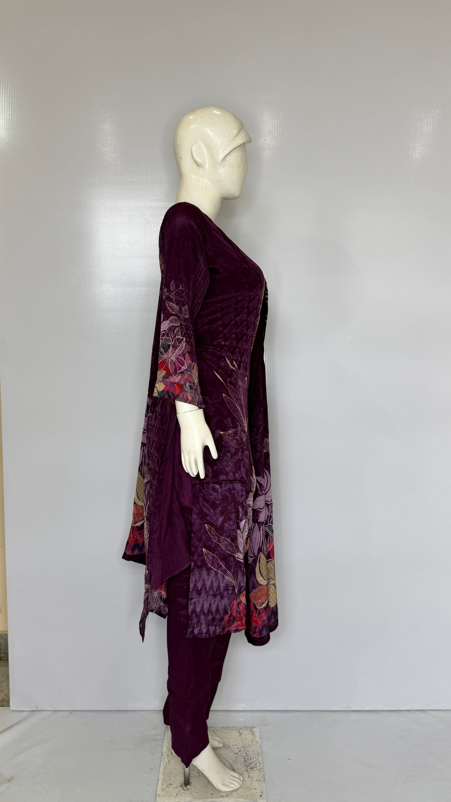 Royal Dark Purple Velvet Touch Suit Set with Heavy Neck Embroidery & Floral Daman