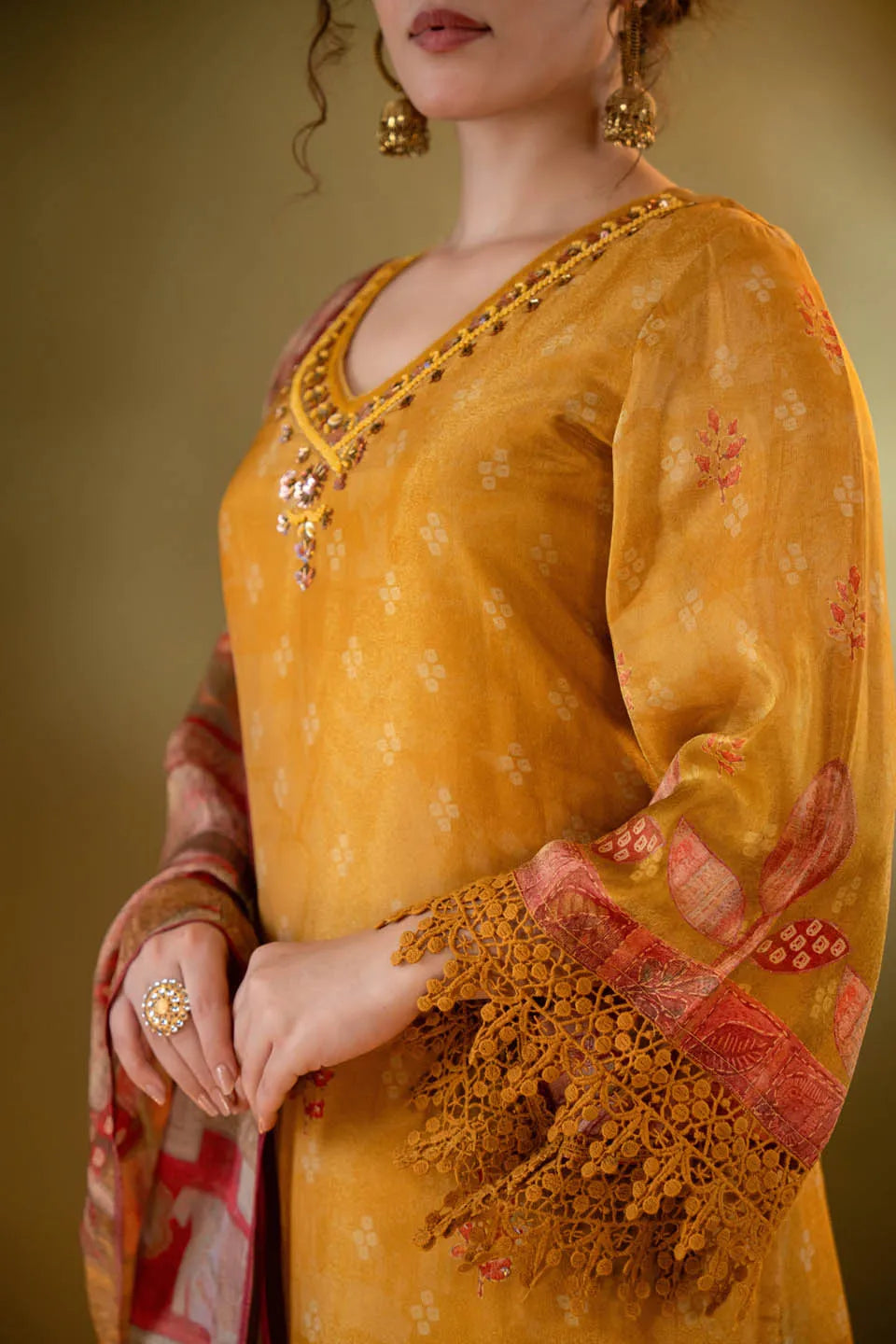 Mustard Shimmer Tissue Straight Kurta with Embellished V-Neck & Baandhani Dupatta