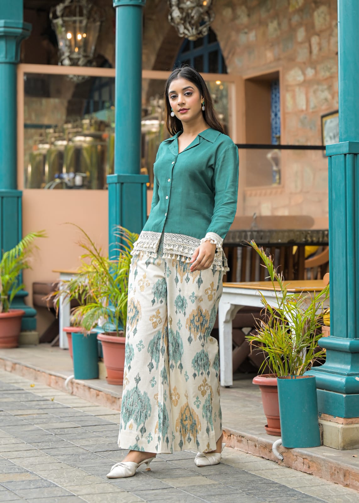 Emerald Green Crape Shirt Style Top with Printed Flex Palazzo