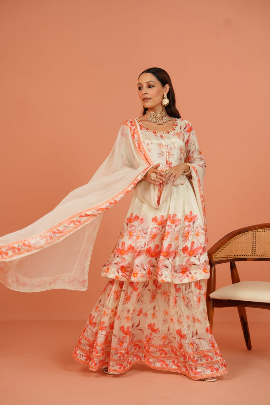 Floral Chinon Anarkali Kurti with Full-Length Skirt – Party Wear Set