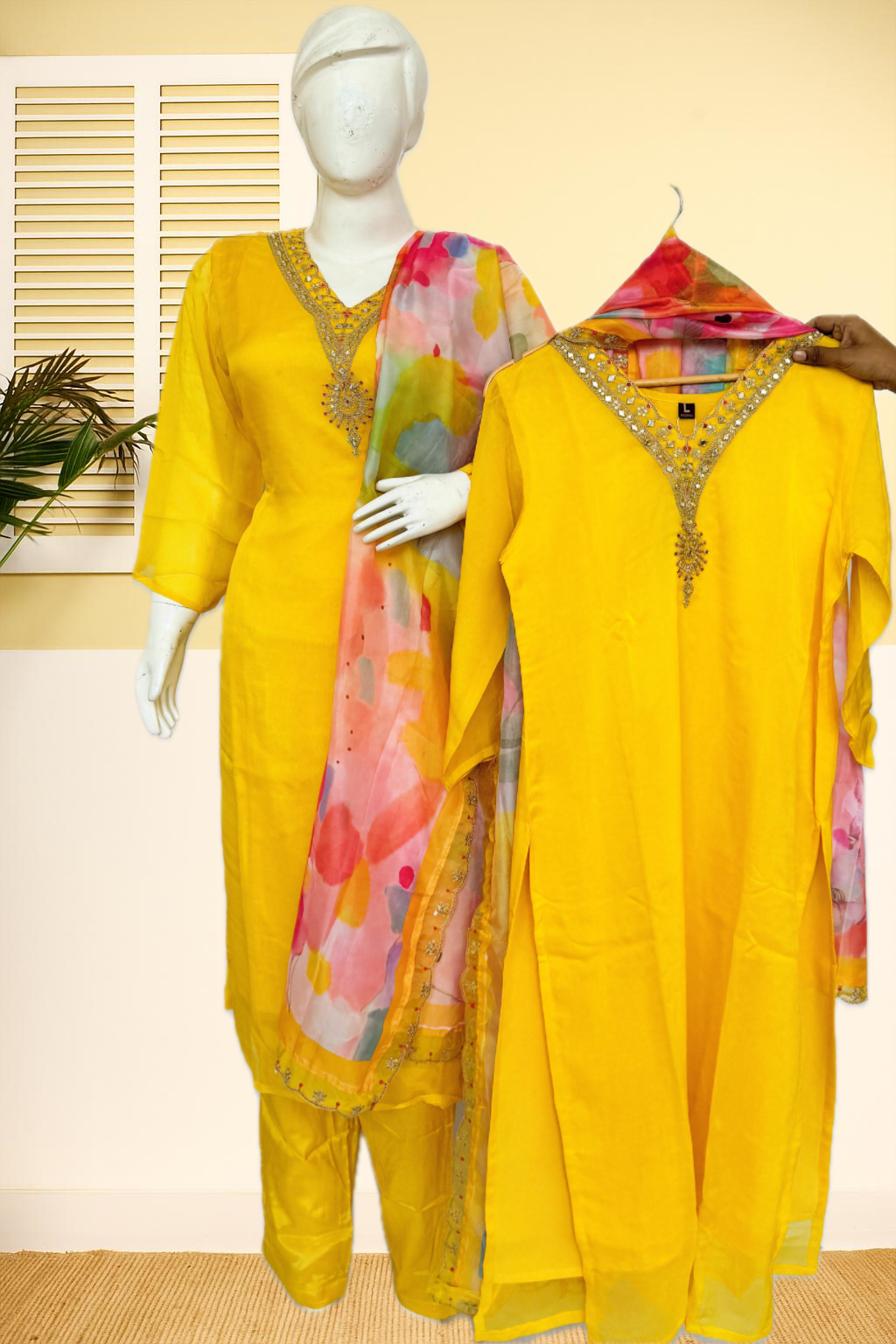 Yellow Embroidered Cotton Suit Set with Pink Organza Dupatta