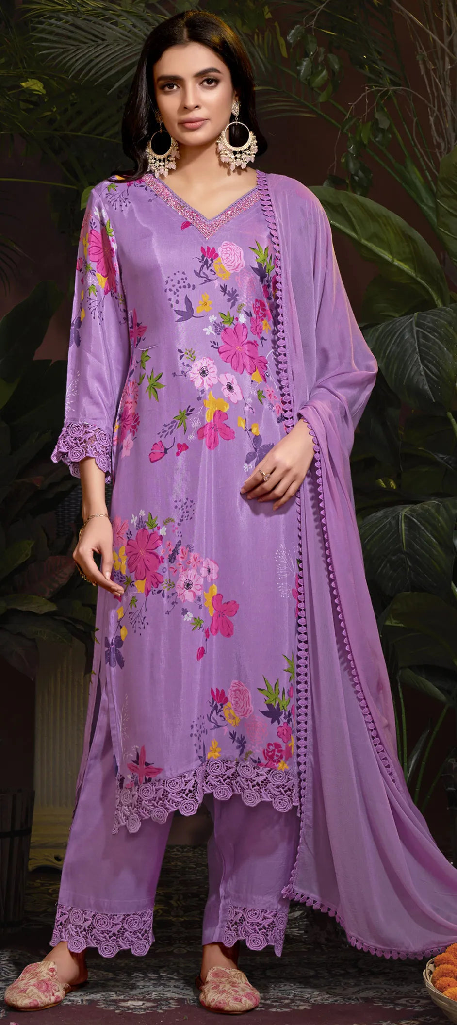 Lavender Floral Print Pure Fabric Suit Set with Lace Detailing