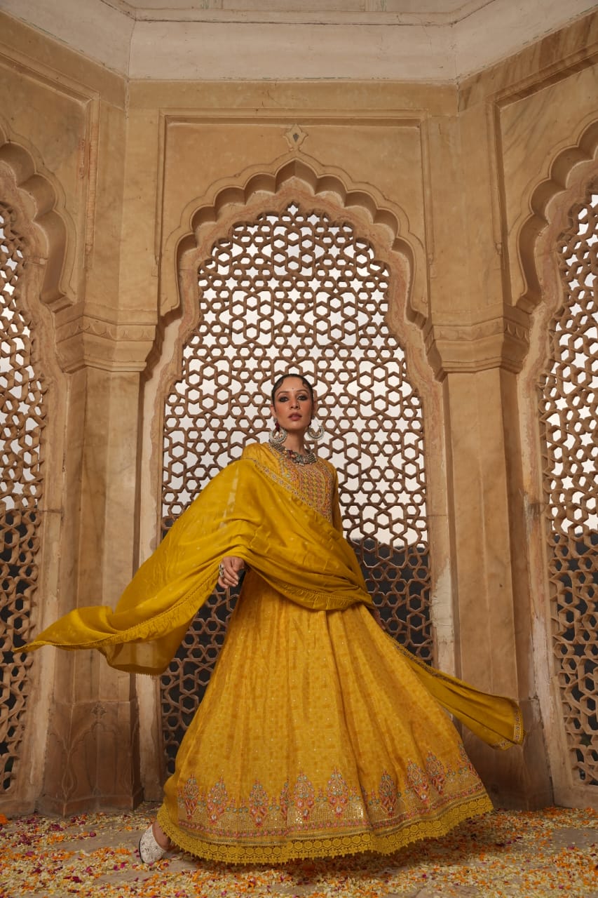 Stunning Yellow-Green Maslin Gown with Digital Print, Lace Detailing & Heavy Embroidery