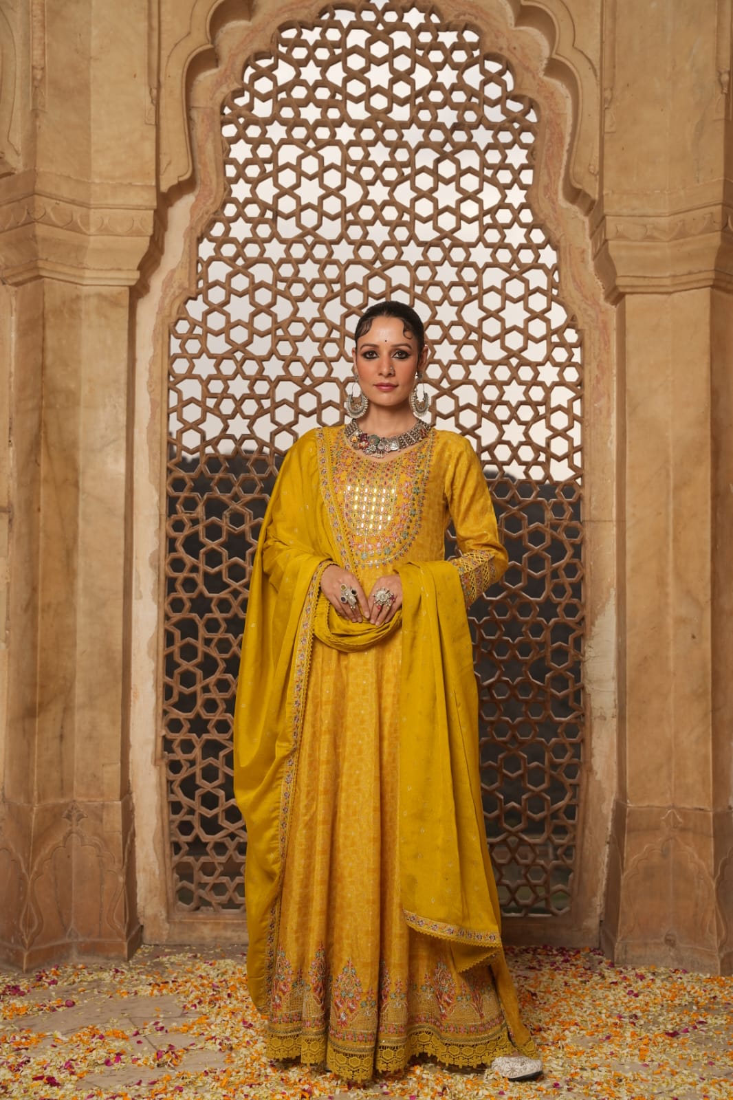 Stunning Yellow-Green Maslin Gown with Digital Print, Lace Detailing & Heavy Embroidery