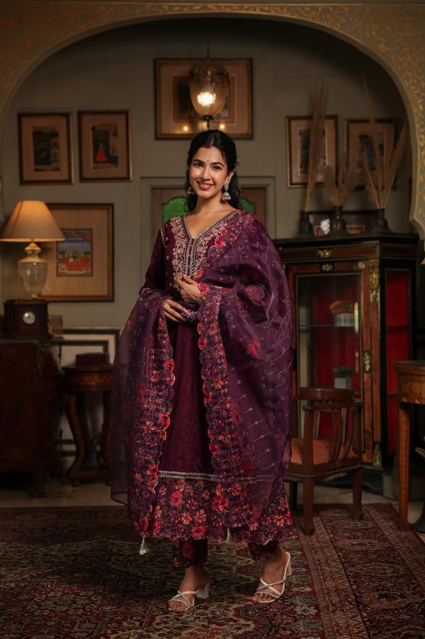 Wine Cotton Gown with Digital Print, Lace Detailing & Heavy Embroidery