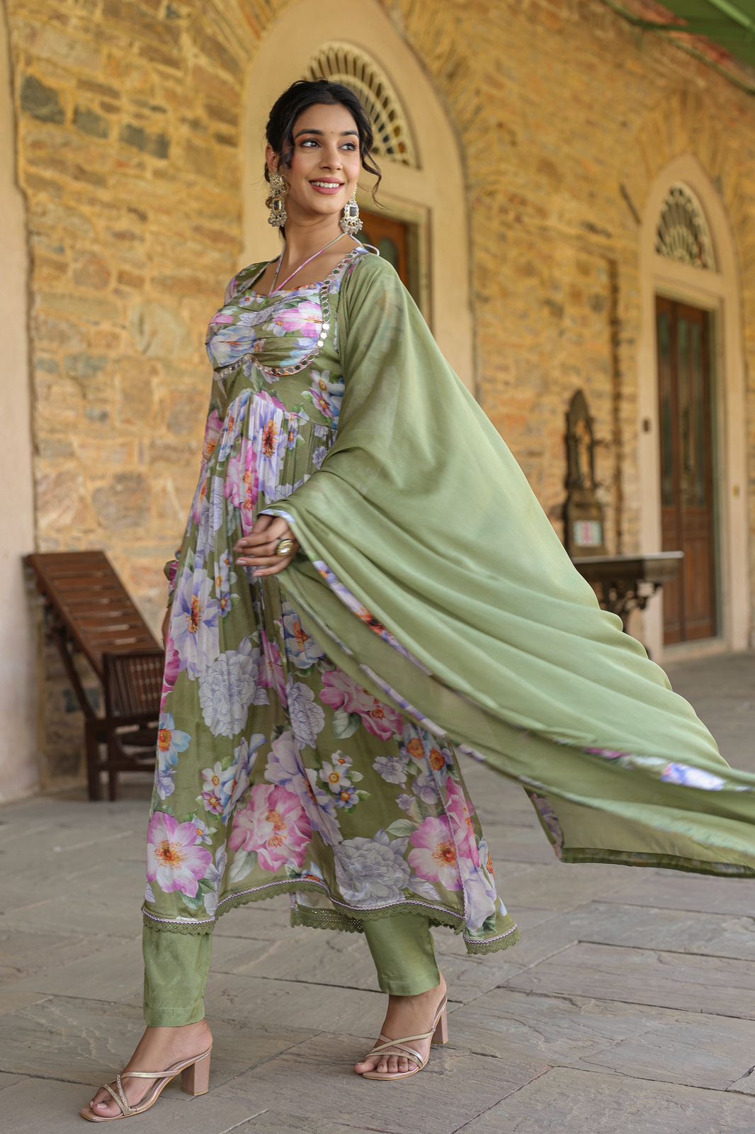 Elegant Green Floral Suit Set in Chinon Fabric with Mirror Work & Full Sleeves