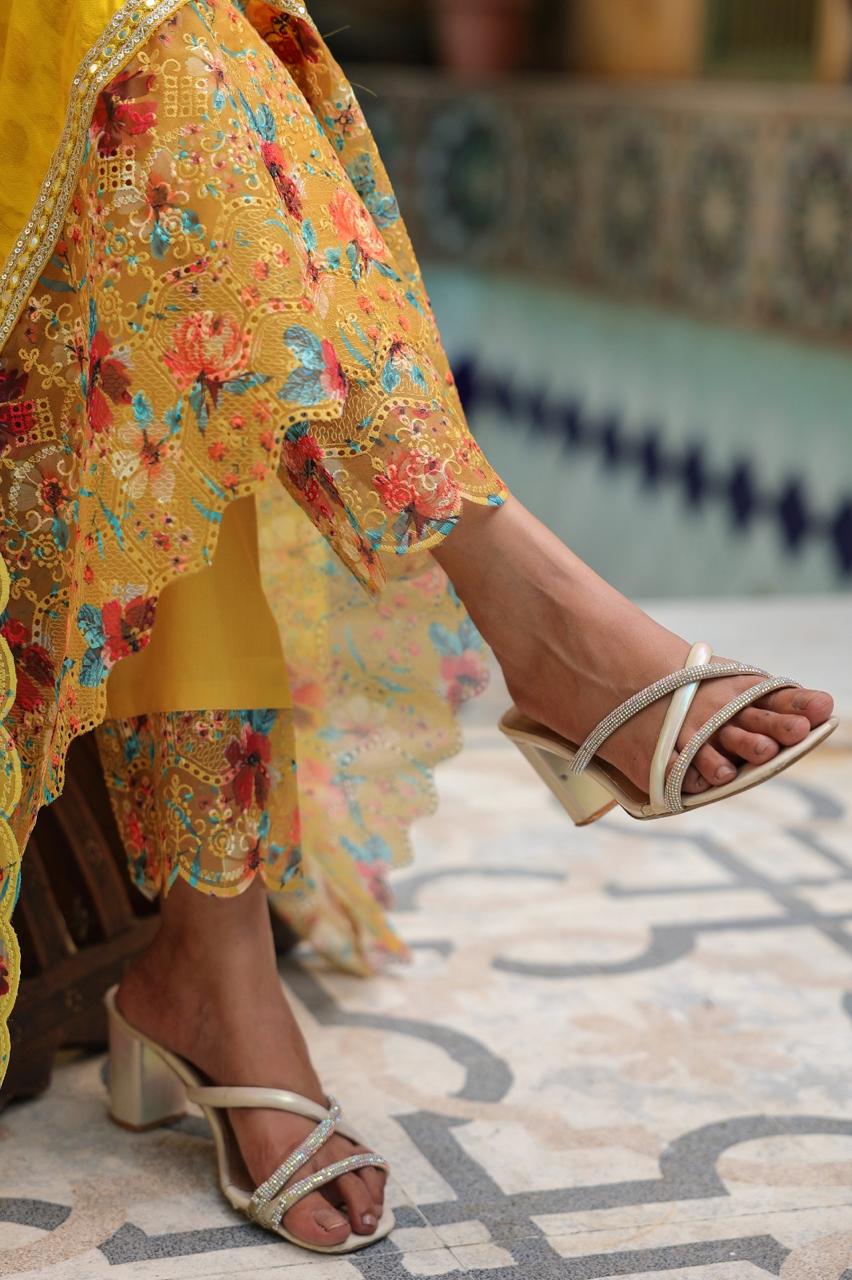 Elegant Yellow Cotton Gown with Digital Print, Lace Detailing & Heavy Embroidery