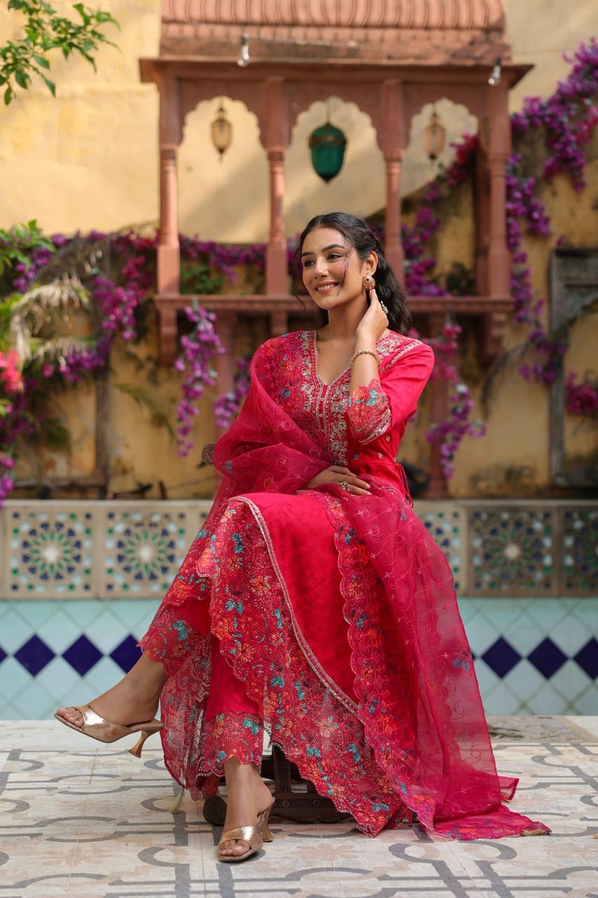 Pink Cotton Gown with Digital Print, Lace Detailing & Heavy Embroidery