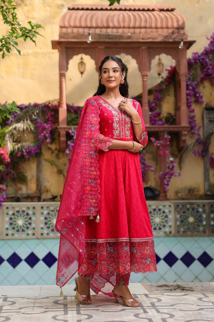 Elegant Red Cotton Gown with Digital Print, Lace Detailing & Heavy Embroidery