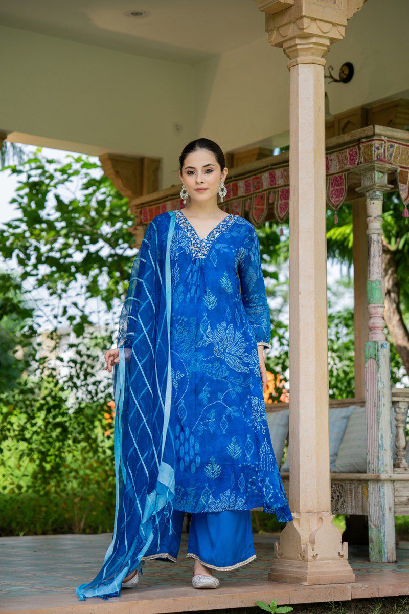 Blue Floral Suit Set in Shimmer Organza with Embroidered V-Neck & Full Sleeves