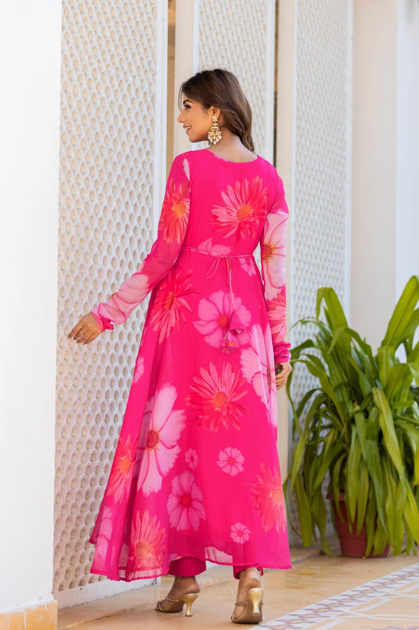 Graceful Pink Floral Chiffon Gown with Full Sleeves