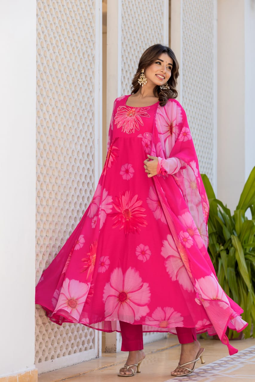 Graceful Pink Floral Chiffon Gown with Full Sleeves