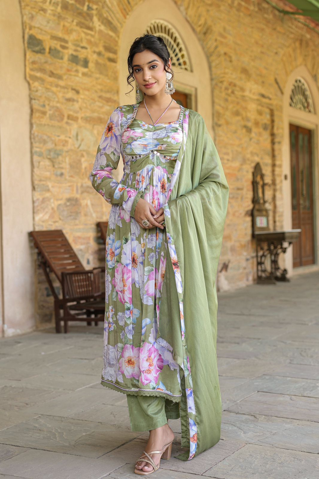 Elegant Green Floral Suit Set in Chinon Fabric with Mirror Work & Full Sleeves