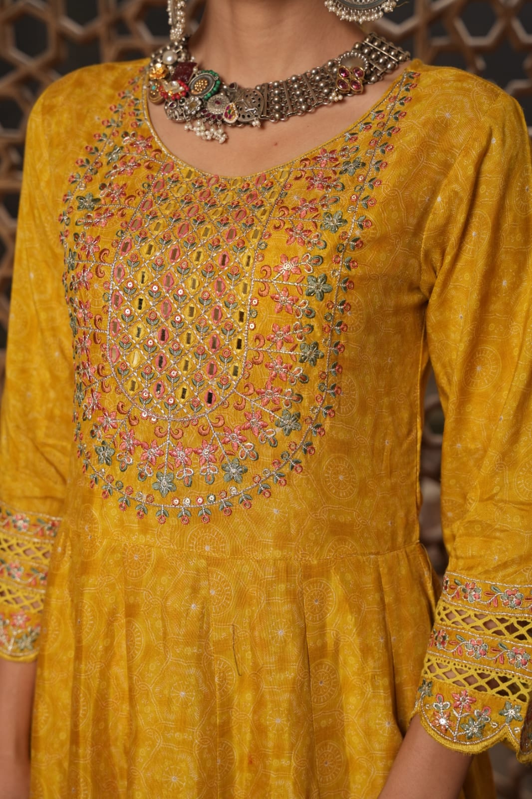 Stunning Yellow-Green Maslin Gown with Digital Print, Lace Detailing & Heavy Embroidery