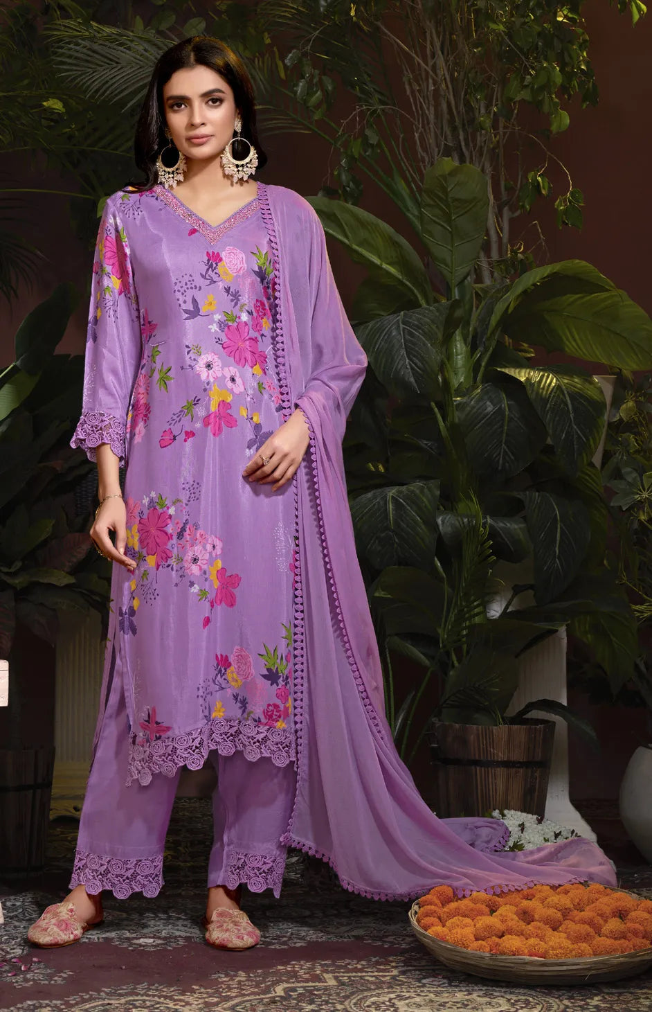 Lavender Floral Print Pure Fabric Suit Set with Lace Detailing