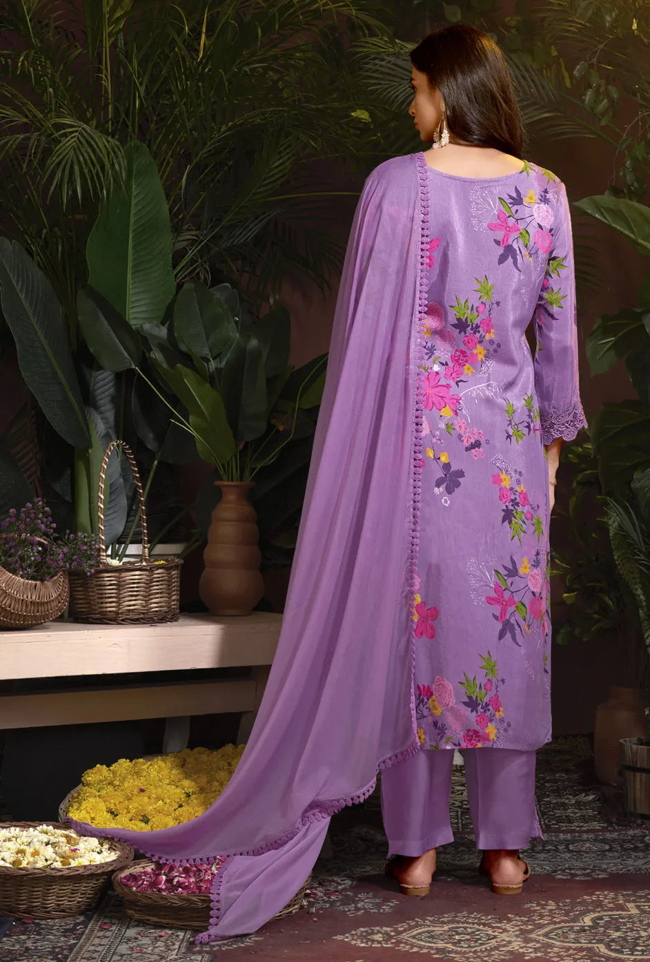 Lavender Floral Print Pure Fabric Suit Set with Lace Detailing