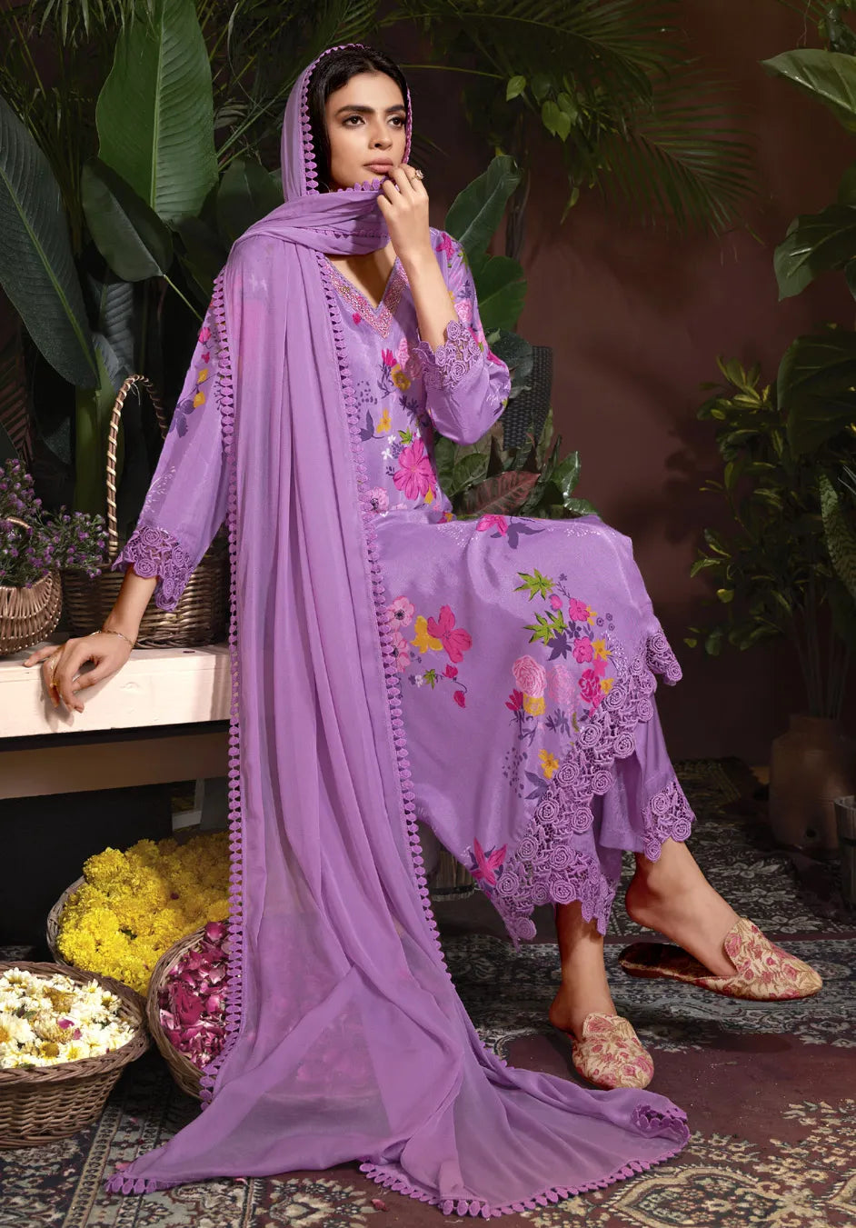 Lavender Floral Print Pure Fabric Suit Set with Lace Detailing