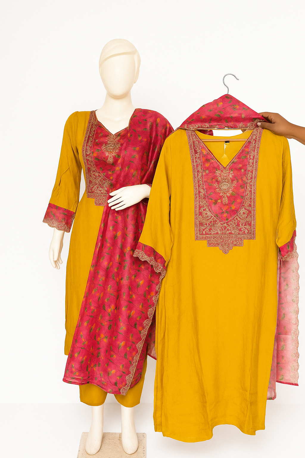 Yellow Embroidered Cotton Suit Set with Red Organza Dupatta