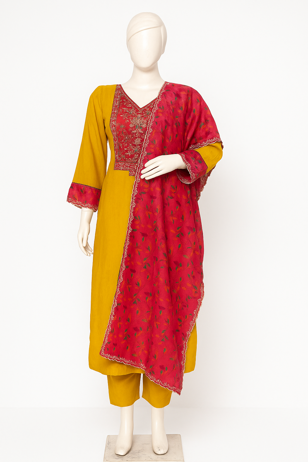 Yellow Embroidered Cotton Suit Set with Red Organza Dupatta