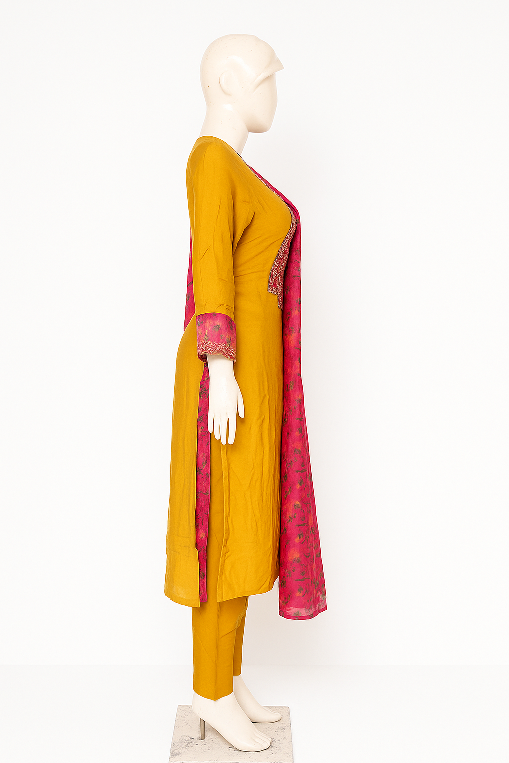 Yellow Embroidered Cotton Suit Set with Red Organza Dupatta