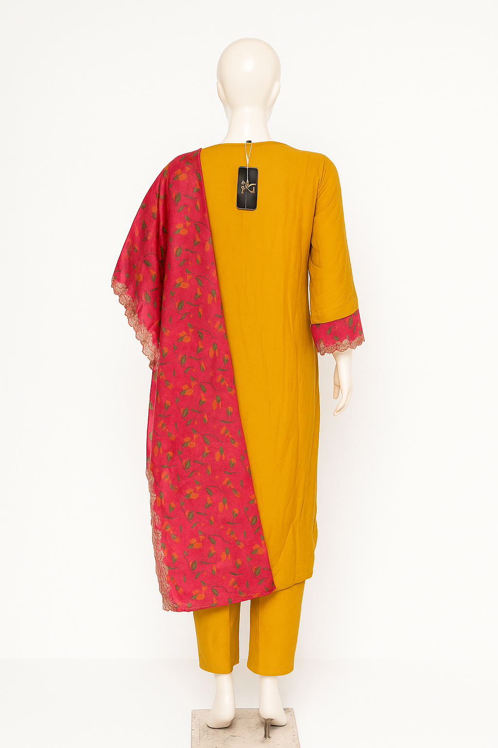Yellow Embroidered Cotton Suit Set with Red Organza Dupatta