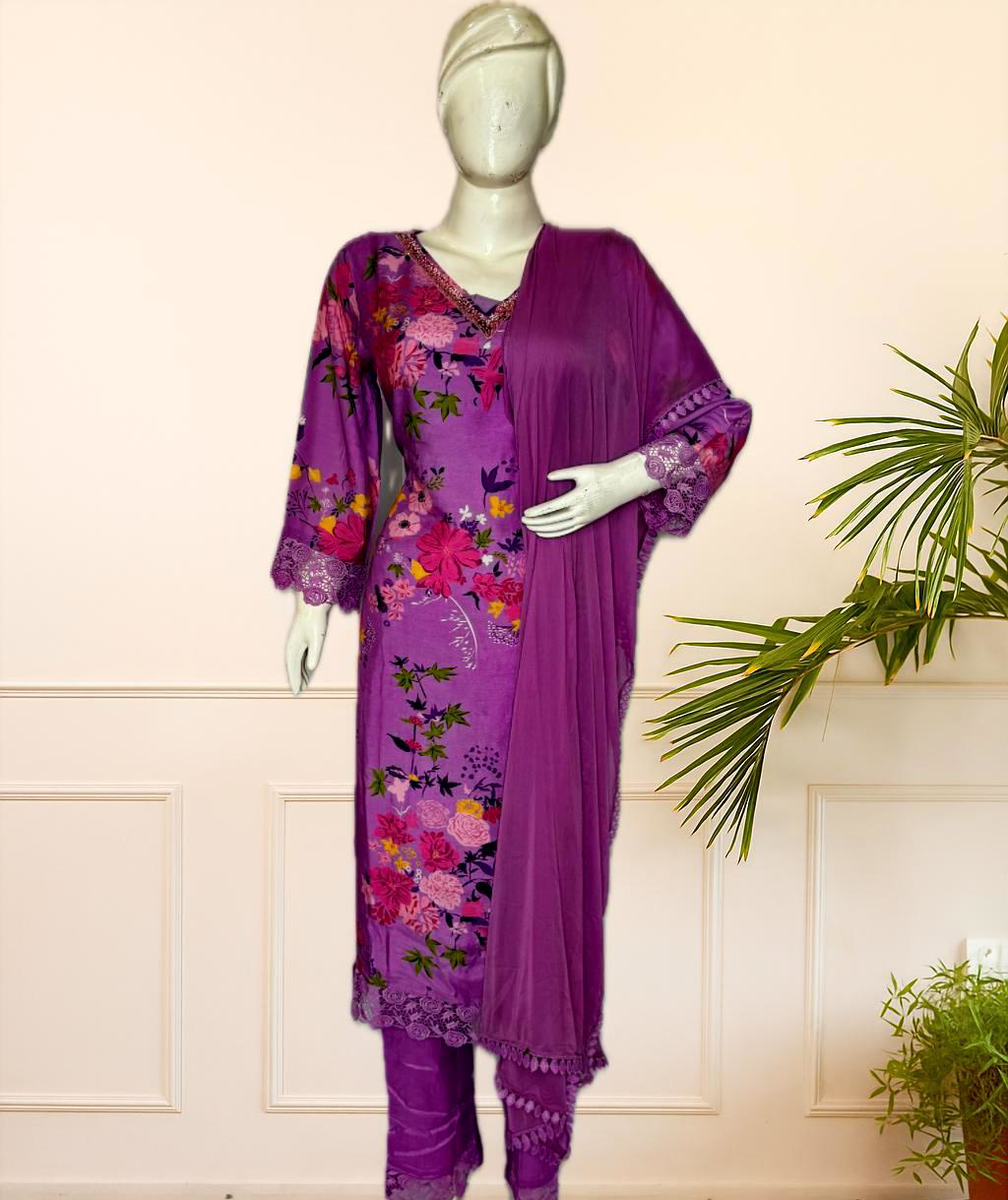 Lavender Floral Print Pure Fabric Suit Set with Lace Detailing