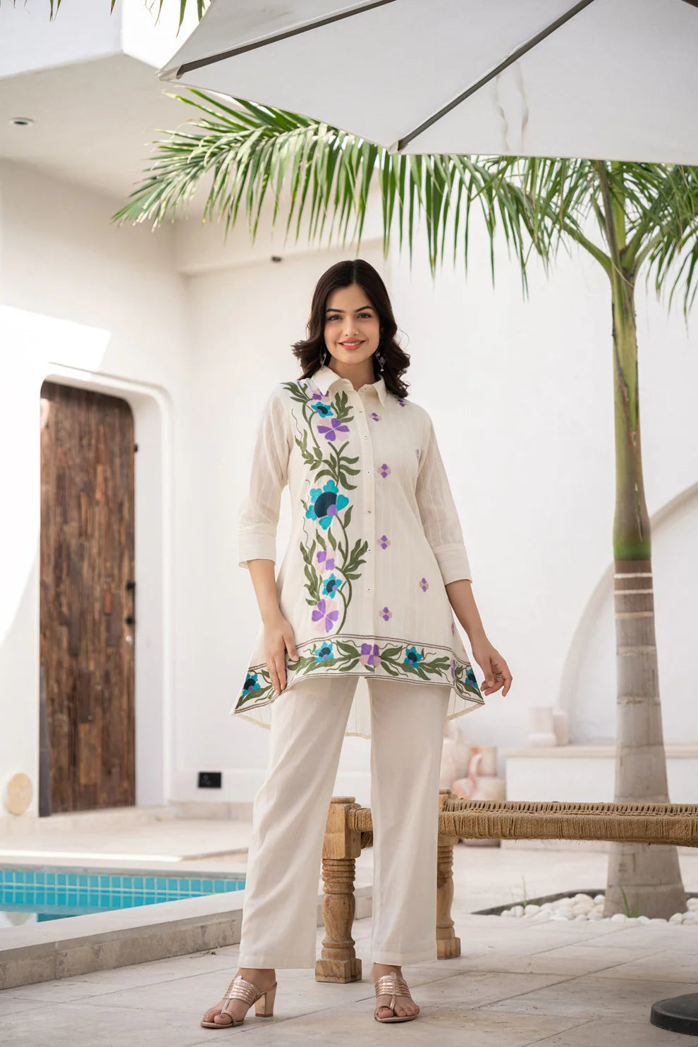 Elegant Women's Cotton Dobi Kurta with Colorful Thread Embroidery & Brush Paint Accents