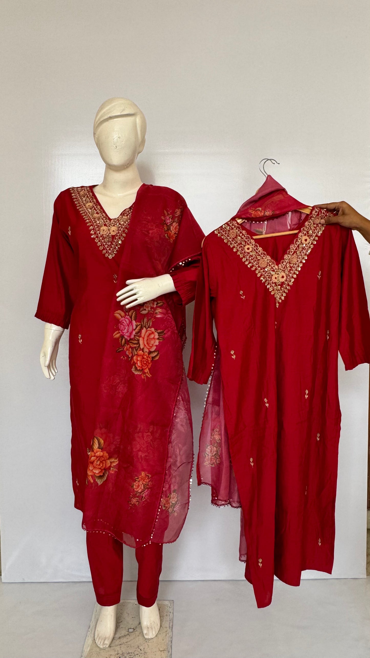 Red Fully Stitched V-Neck Embroidered Suit Set