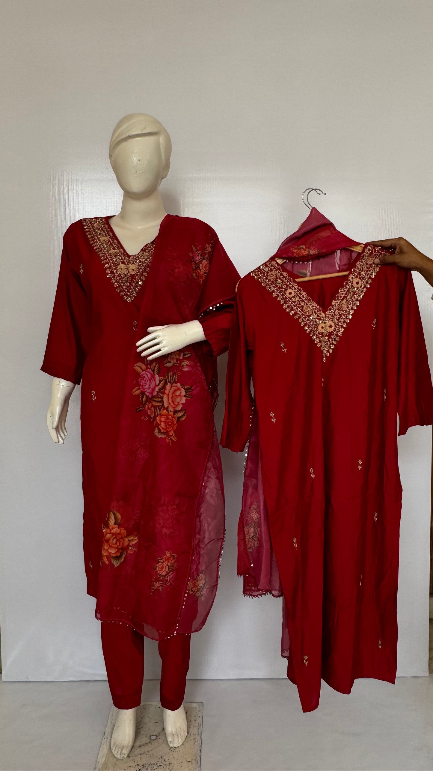 Red Fully Stitched V-Neck Embroidered Suit Set