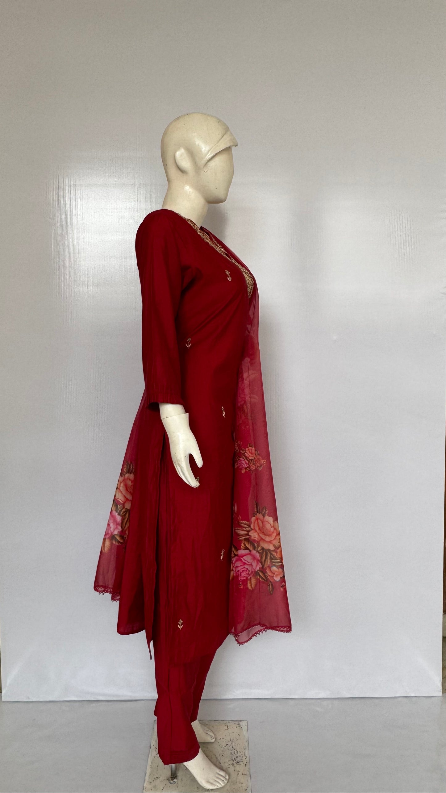 Red Fully Stitched V-Neck Embroidered Suit Set