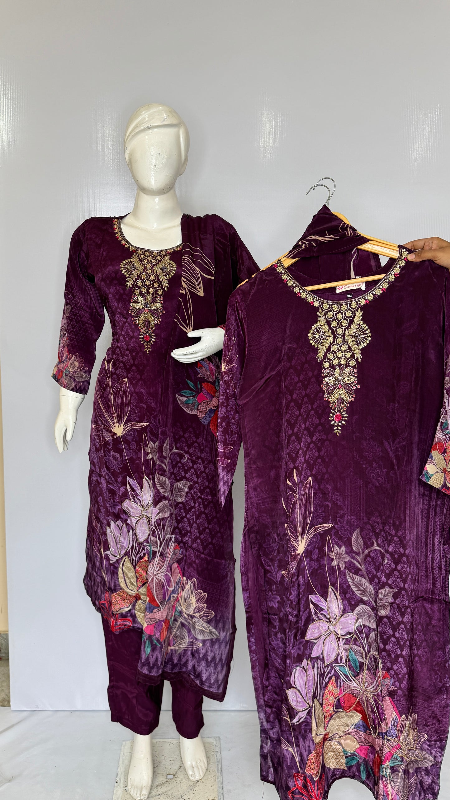 Royal Dark Purple Velvet Touch Suit Set with Heavy Neck Embroidery & Floral Daman