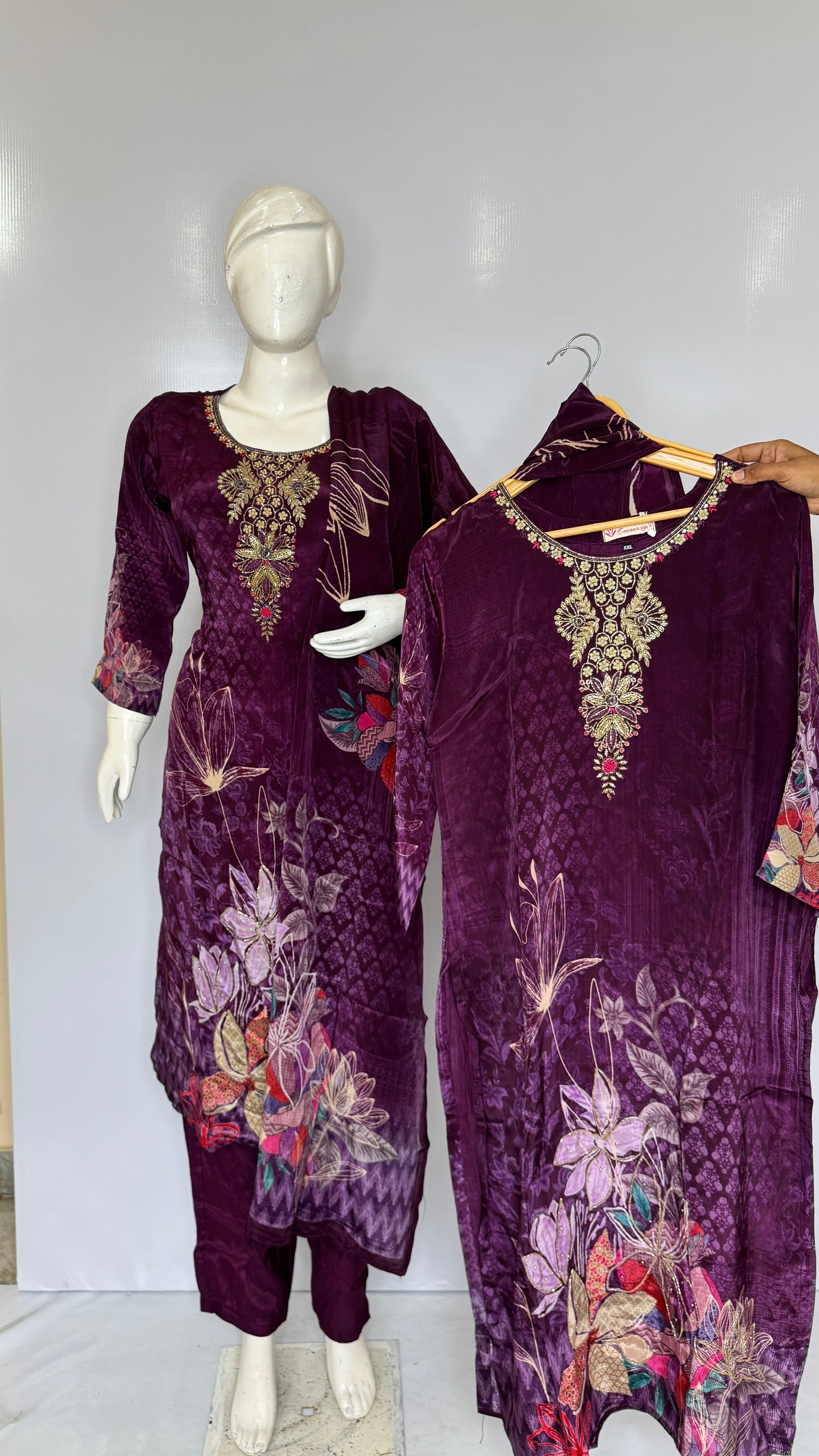 Royal Dark Purple Velvet Touch Suit Set with Heavy Neck Embroidery & Floral Daman