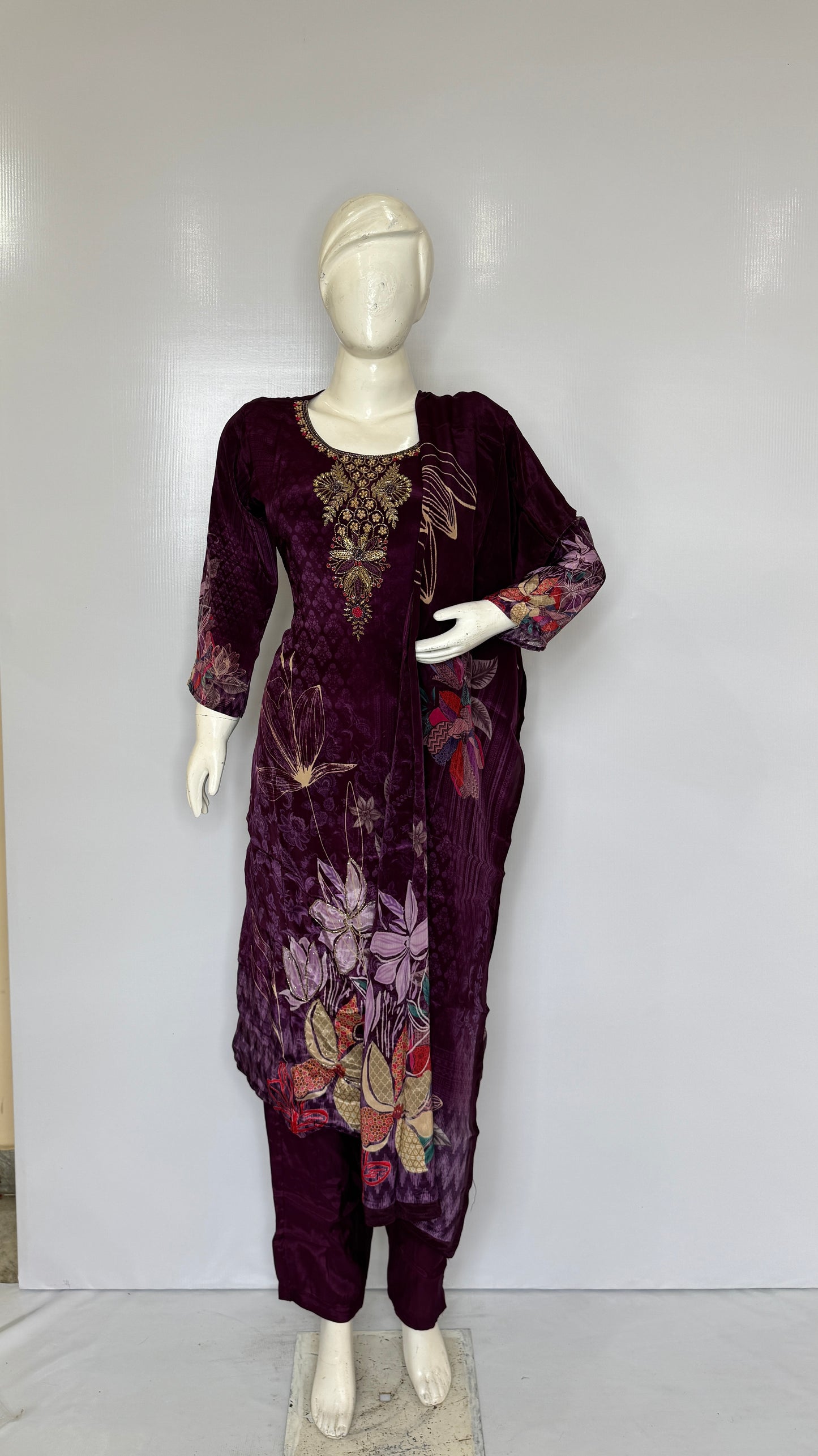 Royal Dark Purple Velvet Touch Suit Set with Heavy Neck Embroidery & Floral Daman