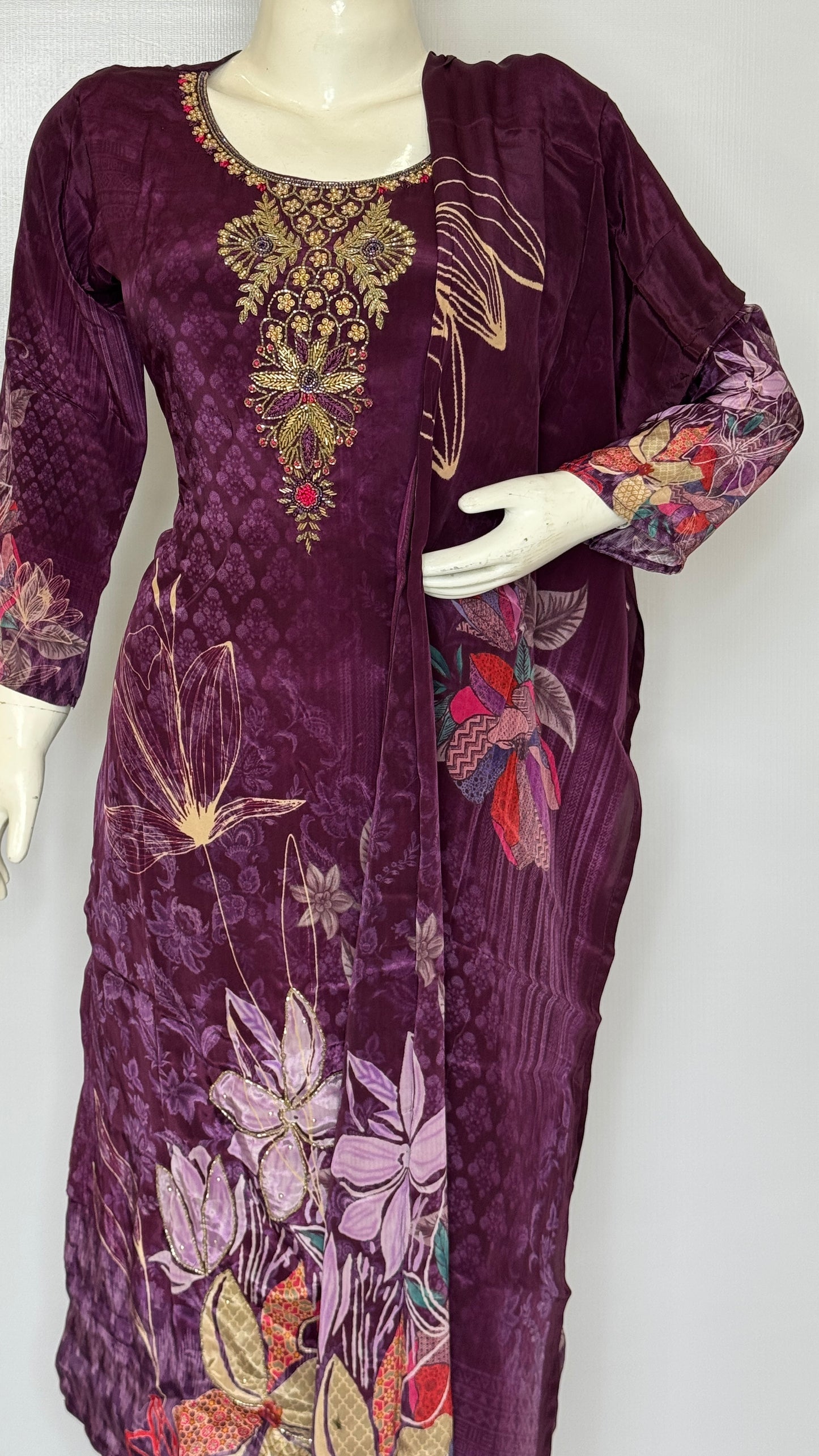 Royal Dark Purple Velvet Touch Suit Set with Heavy Neck Embroidery & Floral Daman