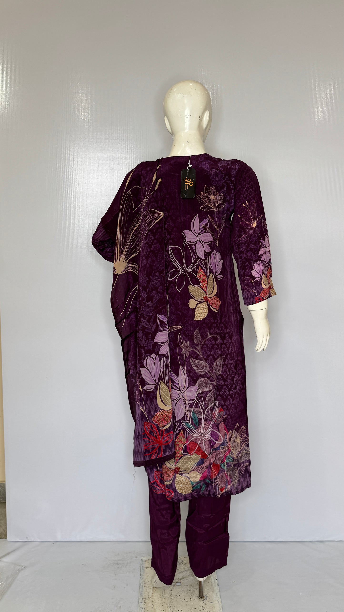 Royal Dark Purple Velvet Touch Suit Set with Heavy Neck Embroidery & Floral Daman