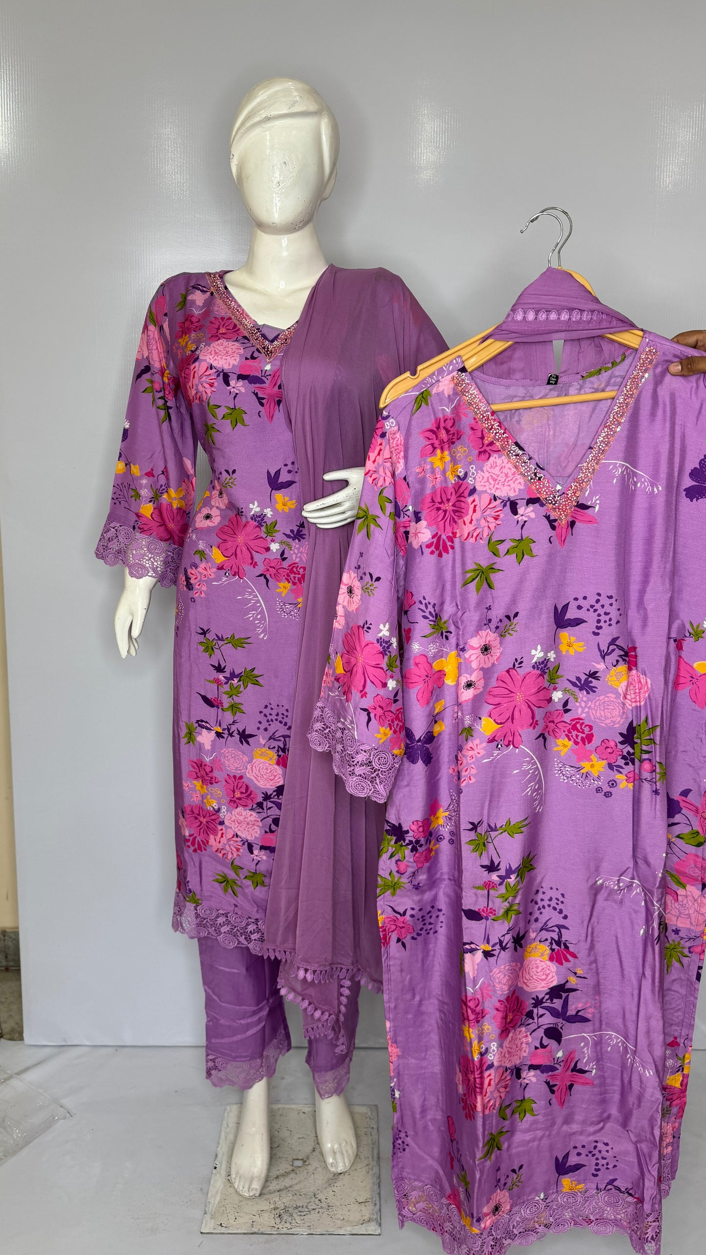 Lavender Floral Print Pure Fabric Suit Set with Lace Detailing