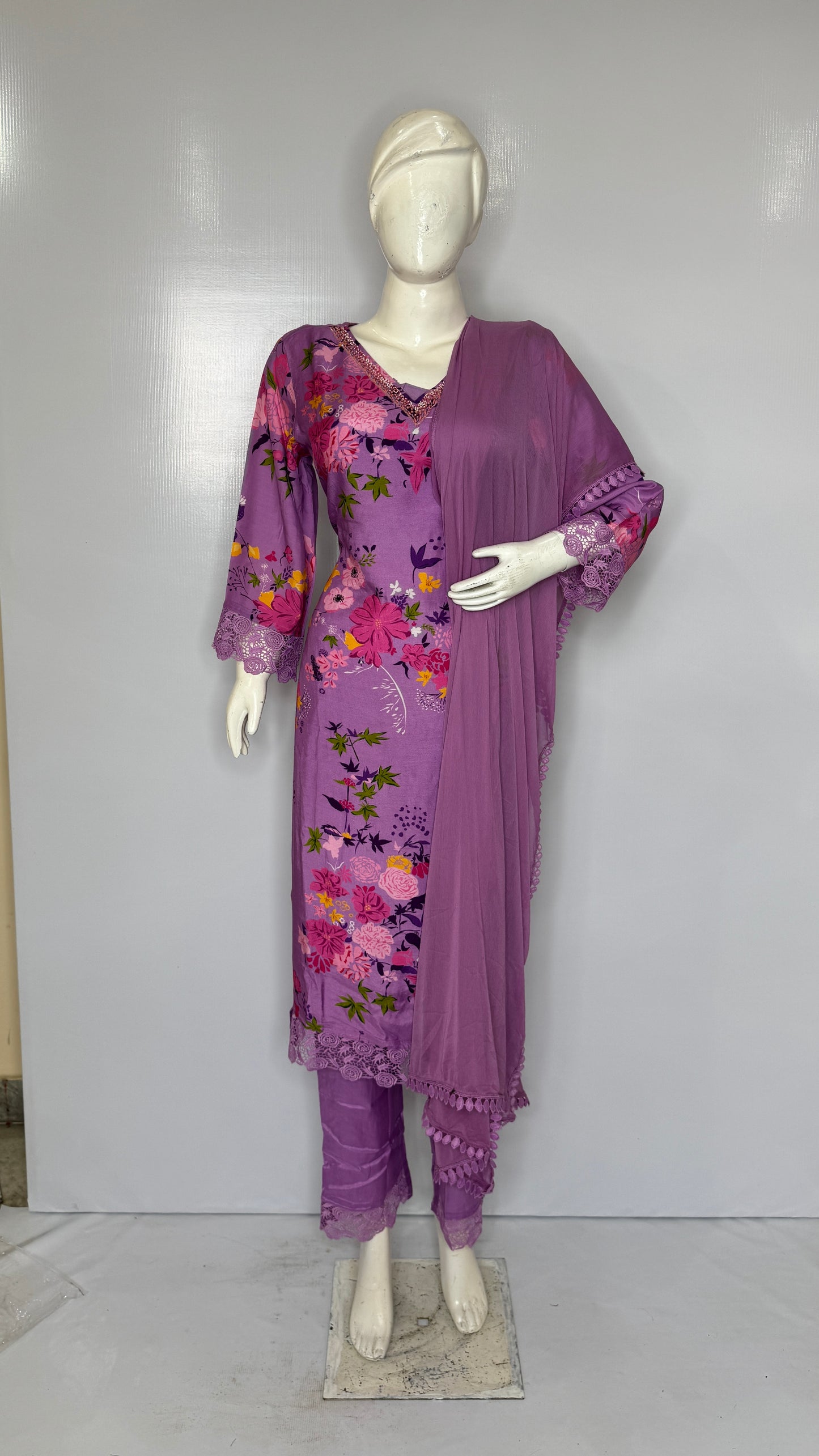 Lavender Floral Print Pure Fabric Suit Set with Lace Detailing