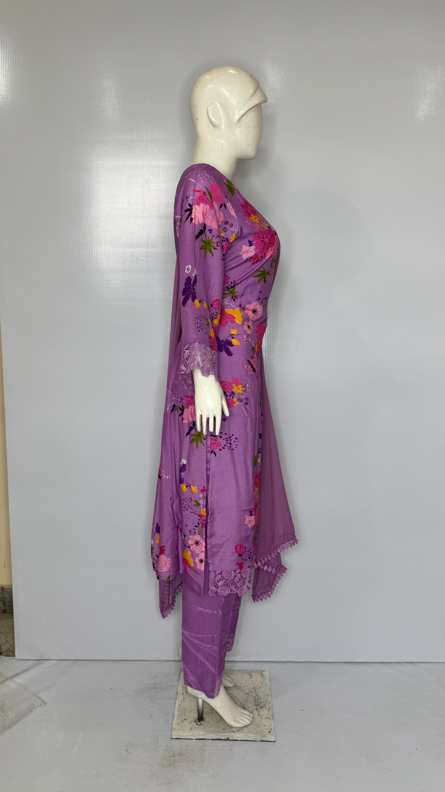 Lavender Floral Print Pure Fabric Suit Set with Lace Detailing