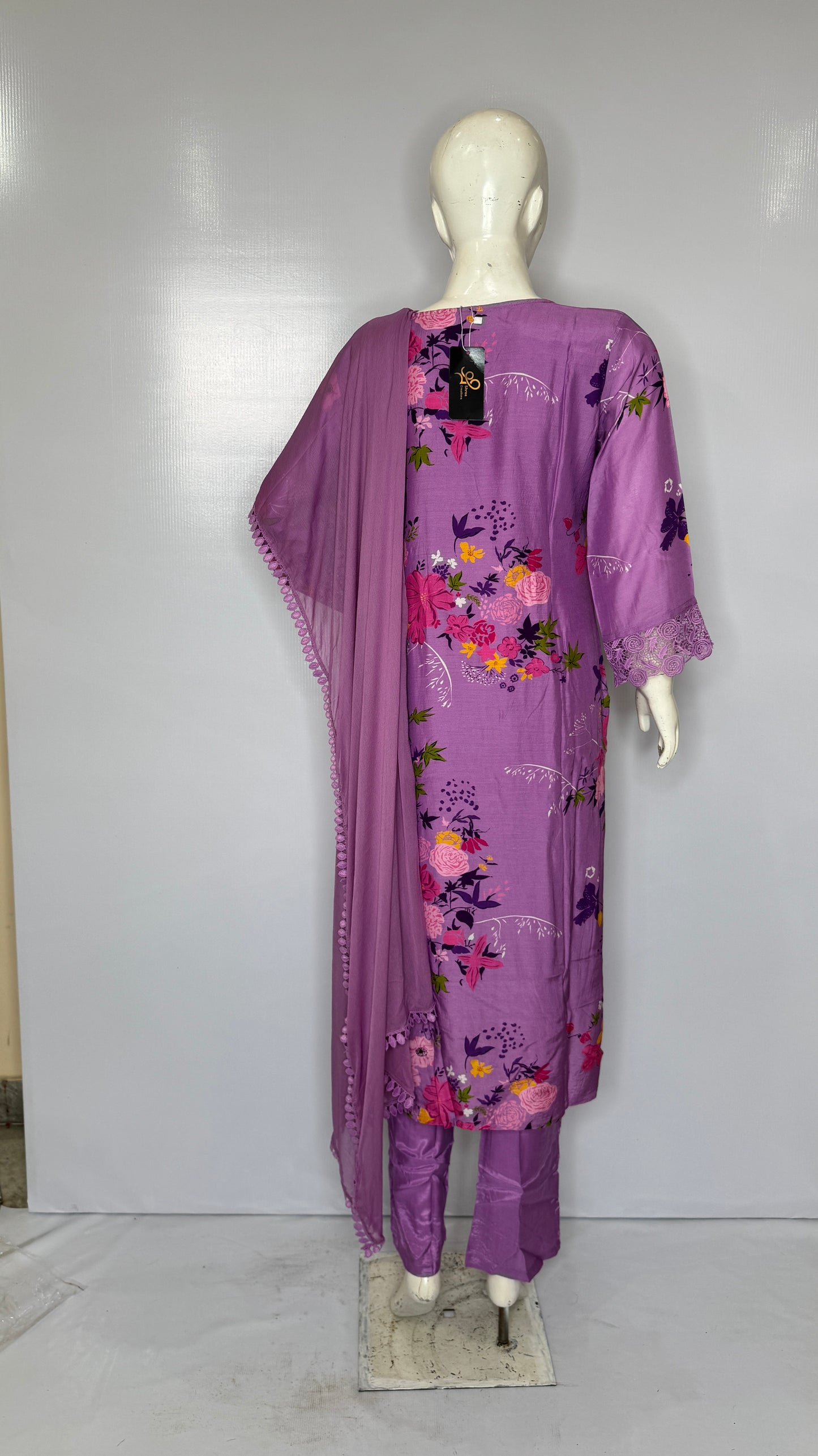 Lavender Floral Print Pure Fabric Suit Set with Lace Detailing