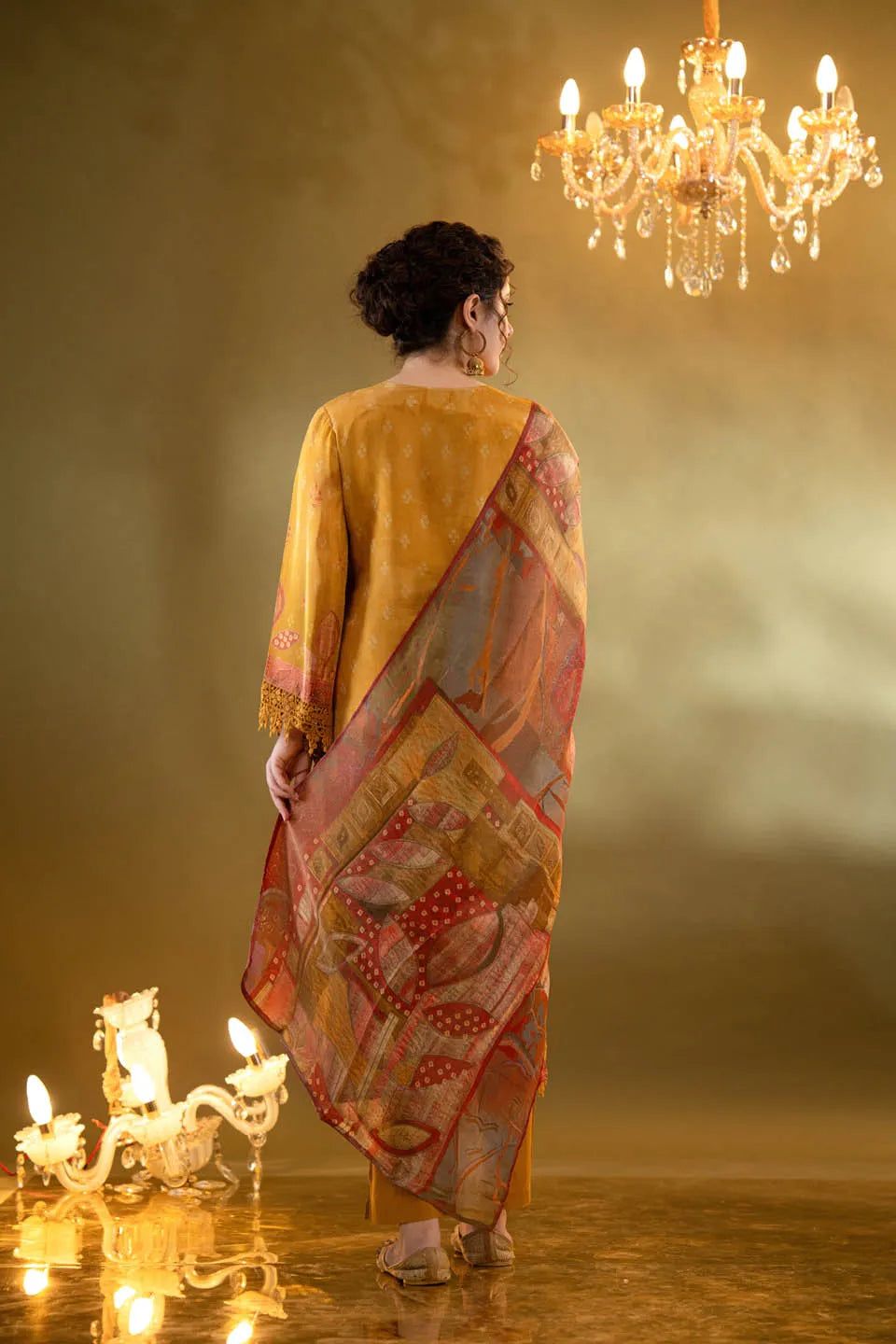 Mustard Shimmer Tissue Straight Kurta with Embellished V-Neck & Baandhani Dupatta