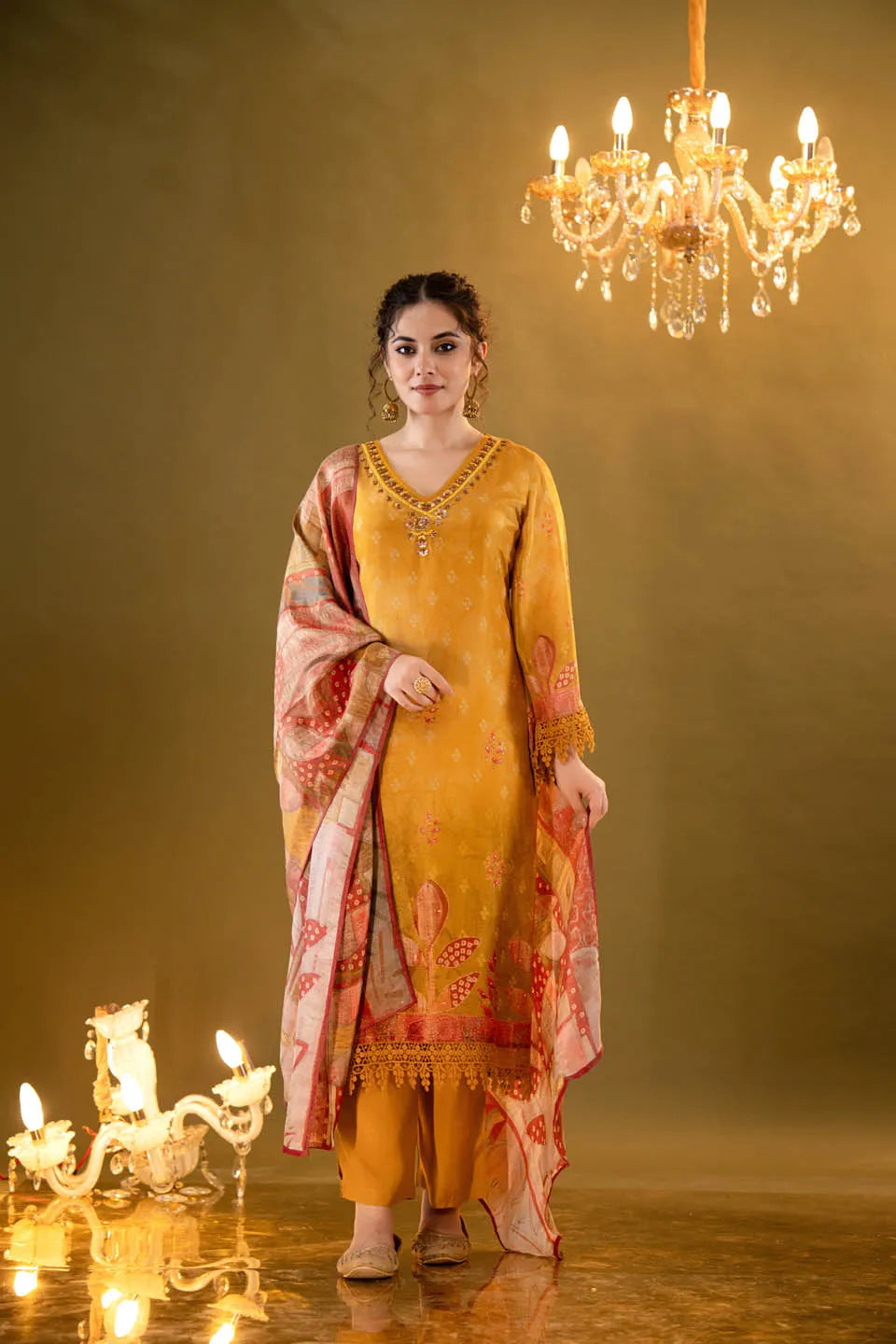 Mustard Shimmer Tissue Straight Kurta with Embellished V-Neck & Baandhani Dupatta