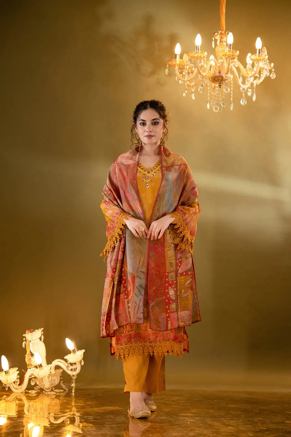 Mustard Shimmer Tissue Straight Kurta with Embellished V-Neck & Baandhani Dupatta
