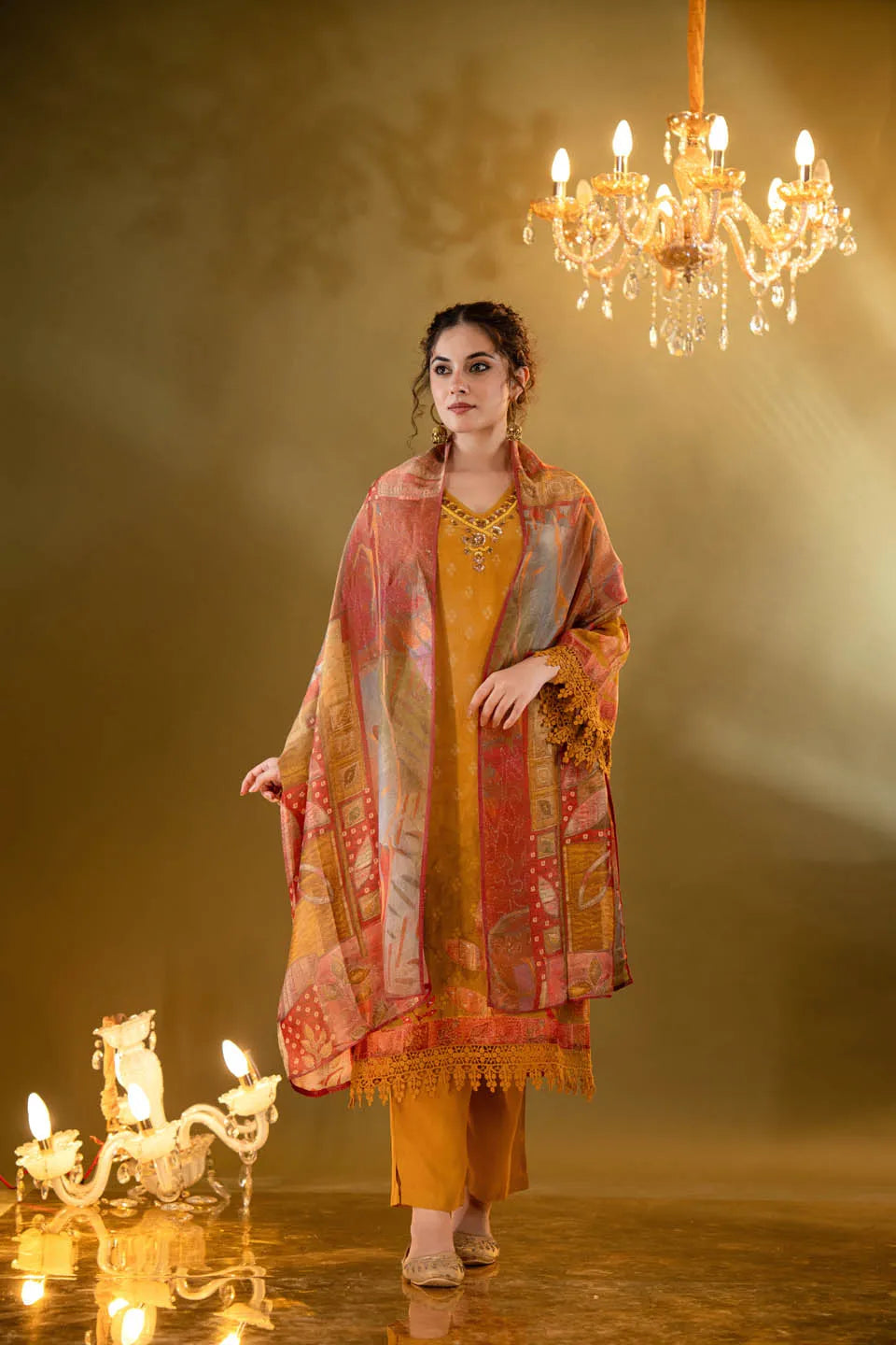 Mustard Shimmer Tissue Straight Kurta with Embellished V-Neck & Baandhani Dupatta