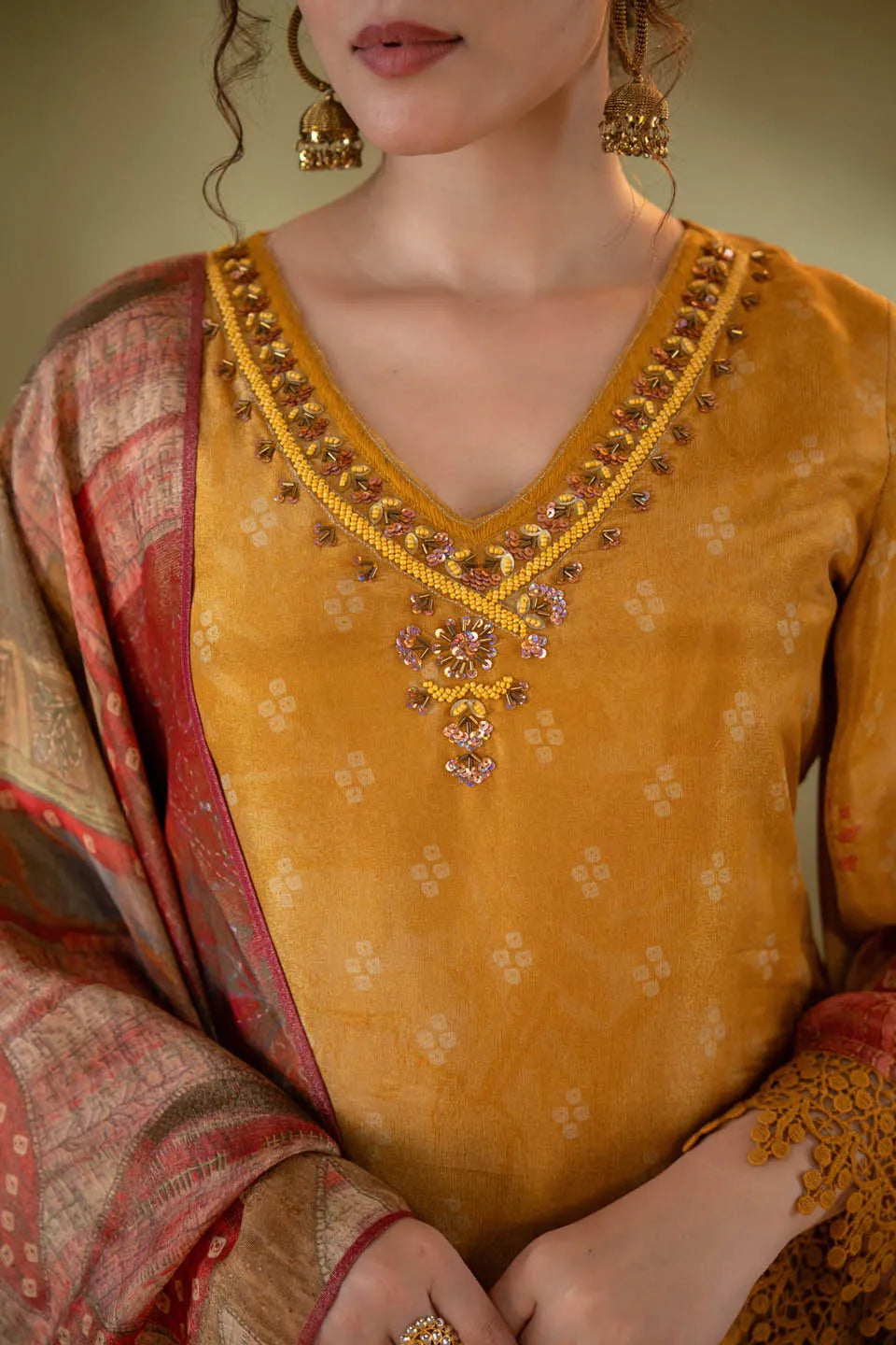 Mustard Shimmer Tissue Straight Kurta with Embellished V-Neck & Baandhani Dupatta