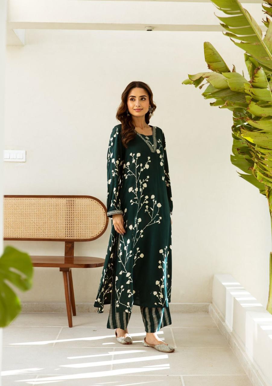 Stylish Green Leaf Print Cotton Co-ord Set with Full Sleeves – Perfect for Casual Wear