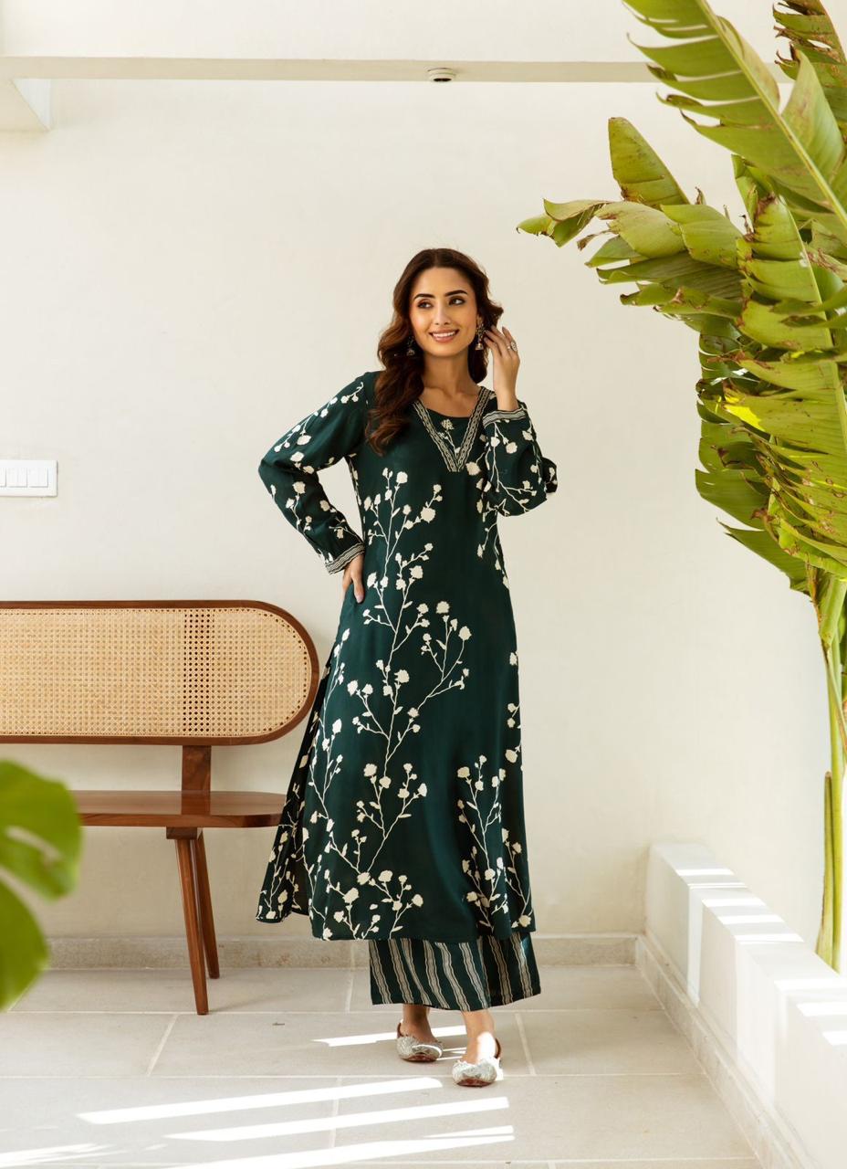 Stylish Green Leaf Print Cotton Co-ord Set with Full Sleeves – Perfect for Casual Wear