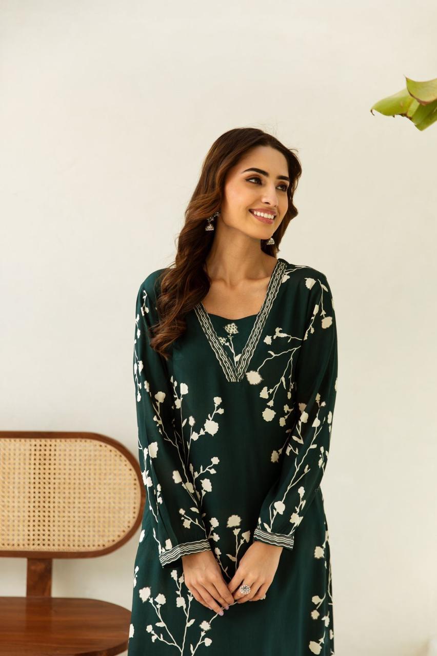 Stylish Green Leaf Print Cotton Co-ord Set with Full Sleeves – Perfect for Casual Wear