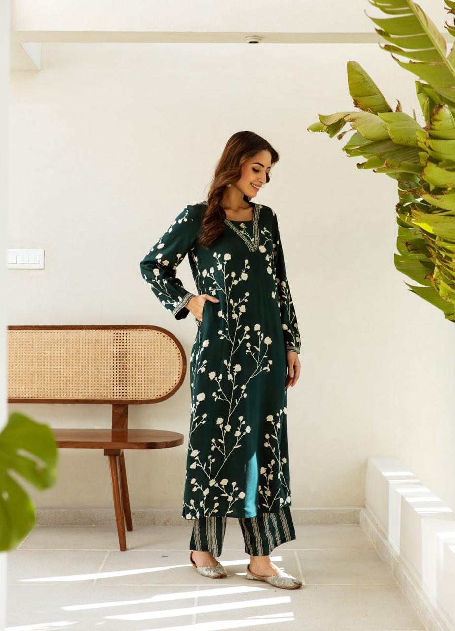 Stylish Green Leaf Print Cotton Co-ord Set with Full Sleeves – Perfect for Casual Wear