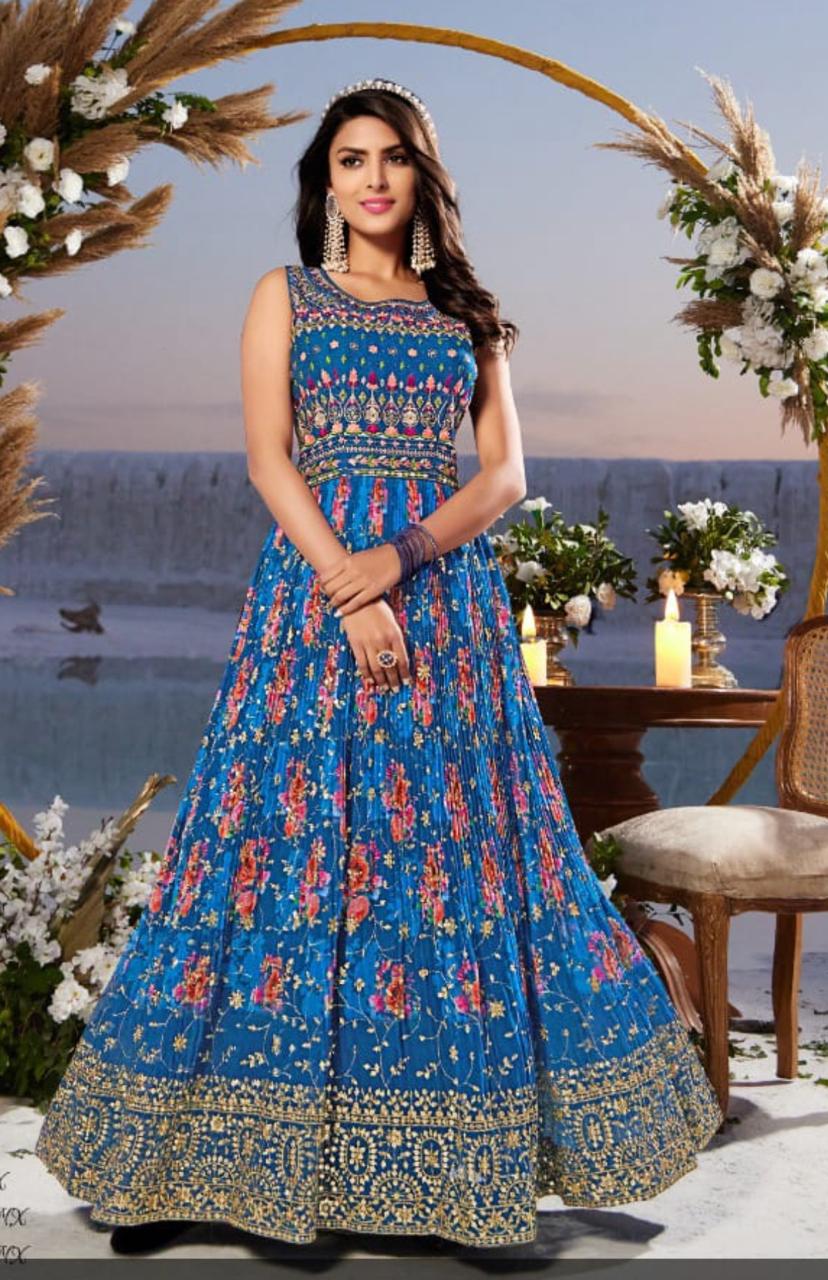 Sleeveless Blue Party Wear Gown with Floral Embroidery & Net Dupatta